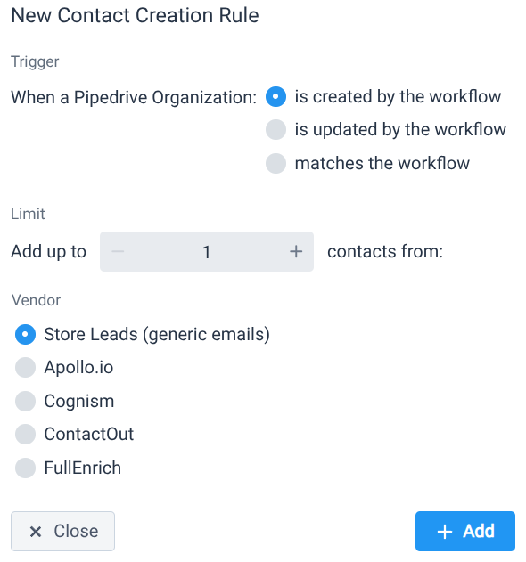 New Pipedrive contact creation rule